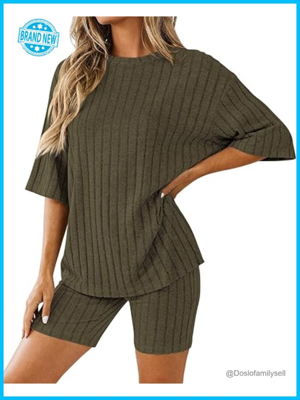 Ribbed Knit Short Sleeve Top and Biker Shorts Lounge Set
